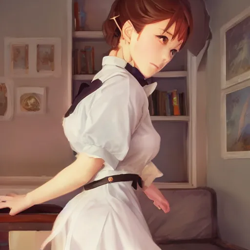 Image similar to a young woman in maid uniform by Stanley Artgerm Lau, WLOP, Rossdraws, Guweiz, James Jean, Andrei Riabovitchev, Marc Simonetti, and kyoani, krenz cushart, pixiv