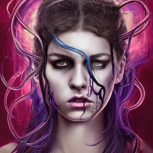 Image similar to detailed photo portrait of a furious teen girl with thin, hair-like purple tentacles on her head and bright purple eyes, 8k,by tristan eaton, Stanley Artgermm,Tom Bagshaw,Greg Rutkowski,Carne Griffiths,trending on DeviantArt, face enhance,hyper detailed ,full of colour, dramatic lightning