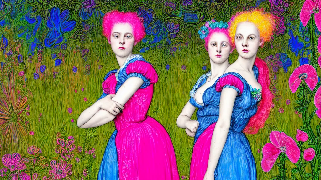 Image similar to photo-realistic portrait of two young women with neon pink hair, wearing a neon blue dress by Vivienne Westwood, standing in a garden full of psychedelic flowers, intricate details, in the style of John Everett Millais, black background