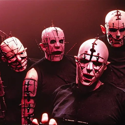 Image similar to Hellraiser cenobites in a metal band playing in front of a large crowd of nerds,