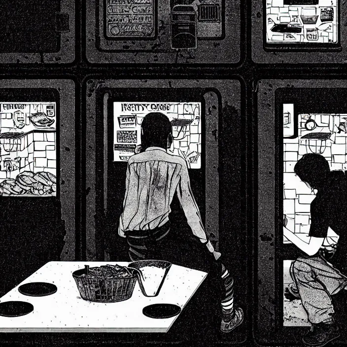 Prompt: sadie sink as a coal miner : sits at a table, eats bread. inside a dirty automated kiosk. bright tasty food options displayed on a wall. black tiles on walls. black and white, pencil and ink. by gabriel hardman, joe alves, chris bonura. cinematic atmosphere, detailed and intricate, perfect anatomy