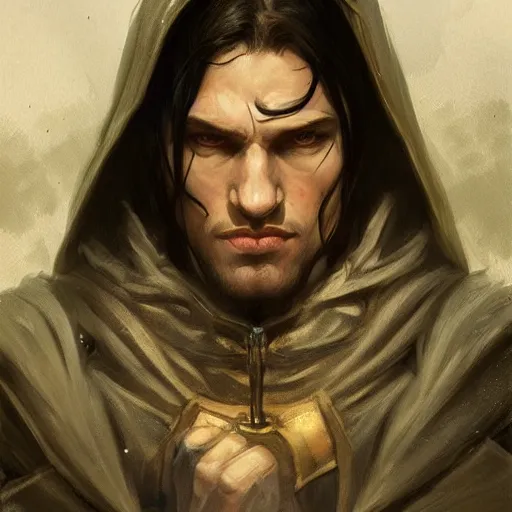 Image similar to portrait of a hooded half - elf man with black hair in a suburb, strong, angry, fantasy, highly detailed, digital painting, artstation, concept art, character art, art by greg rutkowski and tyler jacobson and alphonse mucha