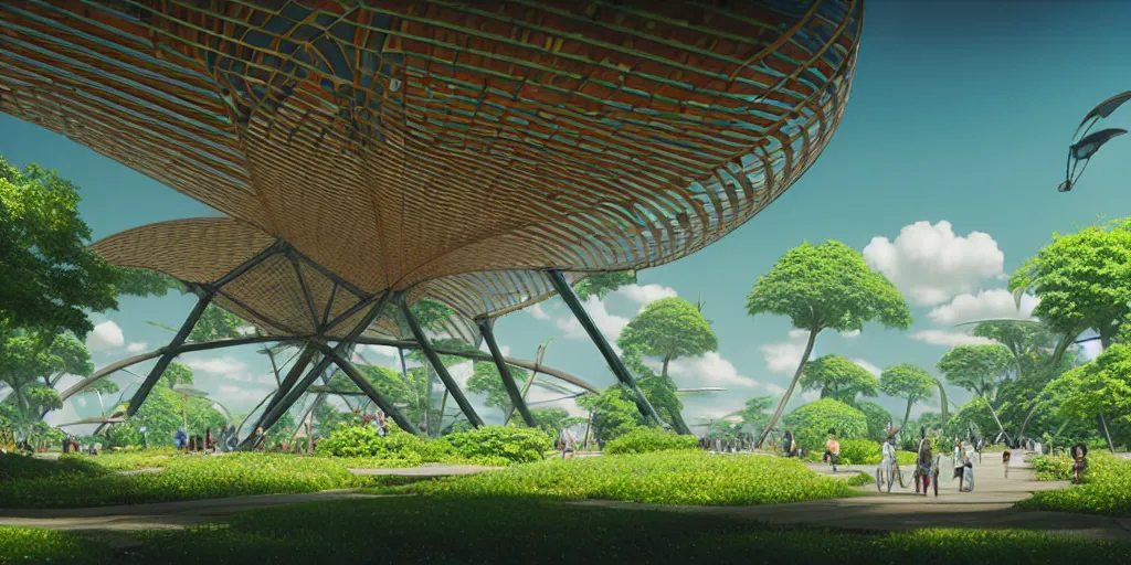 Image similar to expo 6 7 pavillion, solarpunk, studio ghibli, jean - baptiste monge, octane render, 4 k, symmetry