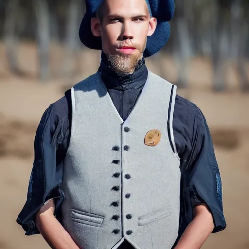 Prompt: Portrait photo of adult Austin Butler with exposed dark-hair head, dressed in grey-prussian blue Tudor-future clothing with embroidered-Rams-head-emblem, and nanocarbon-vest, in an arena in Dune 2021, XF IQ4, f/1.4, ISO 200, 1/160s, 8K