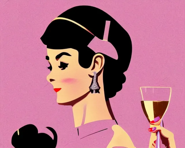 Image similar to teenage audrey hepburn in art deco style, champagne commercial, artstation, illustration, bright, cheerful, detailed and intricate environment