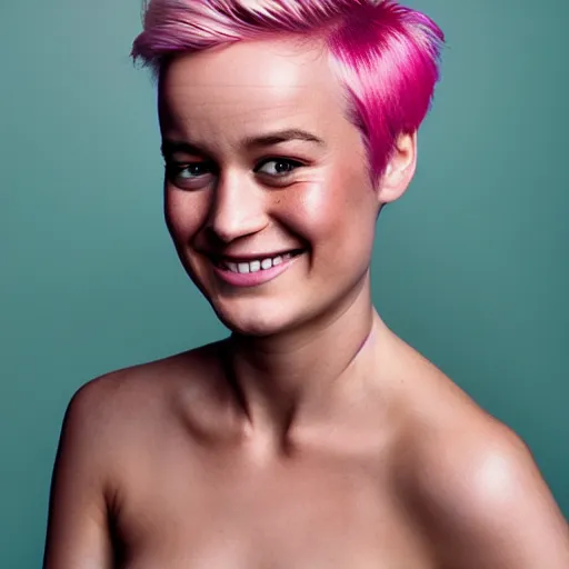 Prompt: portrait of a gorgeous smiling happy Brie Larson pink pixie cut hair by Mario Testino, headshot, detailed, award winning, Sony a7R