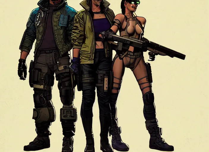 Image similar to cyberpunk mercenary team. portrait by stonehouse and mœbius and will eisner and gil elvgren and pixar. character design. realistic proportions. cyberpunk 2 0 7 7 character art, blade runner 2 0 4 9 concept art. cel shading. attractive face. thick lines. the team. diverse characters. artstationhq.