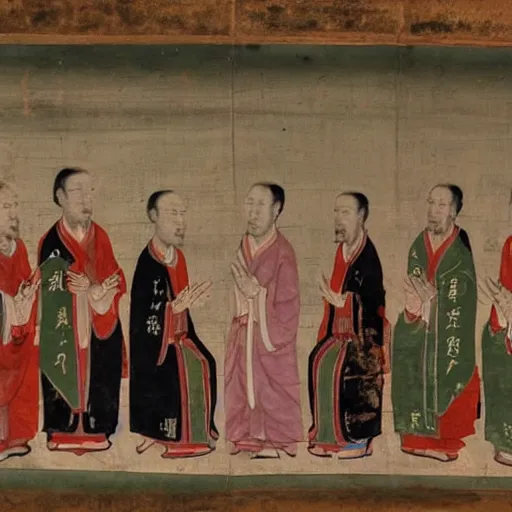 Prompt: a group of Jesuits drawing on Chinese scrolls, 14th century fresco, masterpiece