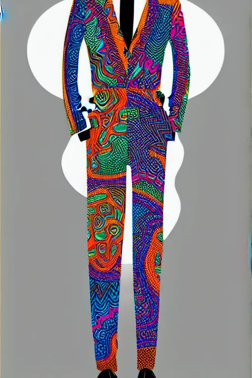 Prompt: psychedelic fashion business suit maximalist 1 9 2 0 s optical illustion pattern textile business suit uniform