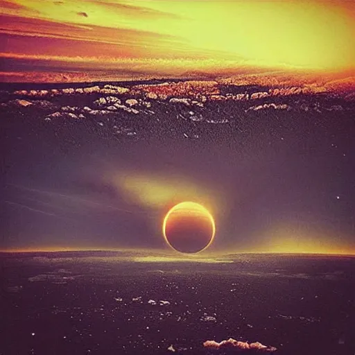Prompt: “Sun set on an alien world, spaceships in the sky”