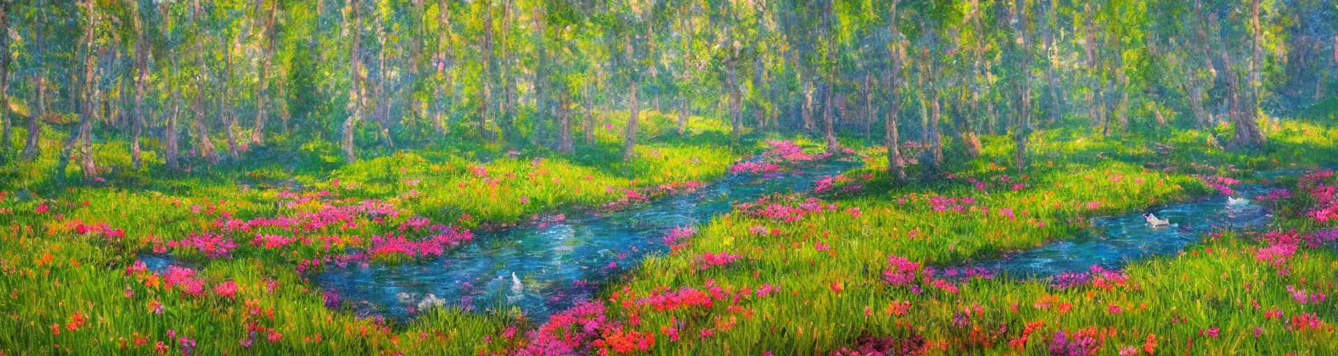 Prompt: an impressionist painting of a gorgeous meadow with a stream flowing through it surrounded by large mushrooms, psychedelic colors, trending on artstation,
