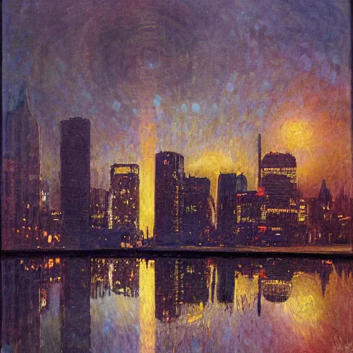 Prompt: impressionistic full - color painting of a distorted mirror reflecting a nightmarish boston downtown skyline in 1 9 2 5 at night with a horrifying sky, aerial view, dark, brooding, night, atmospheric, horror, cosmic, ultra - realistic, smooth, highly detailed by dave dorman