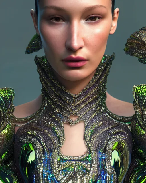 Prompt: a highly detailed metahuman 8 k close up render of bella hadid as surrealism renaissance in iris van herpen dress schiaparelli in diamonds crystals swarovski and jewelry iridescent in style of alphonse mucha gustav klimt trending on artstation made in unreal engine 4