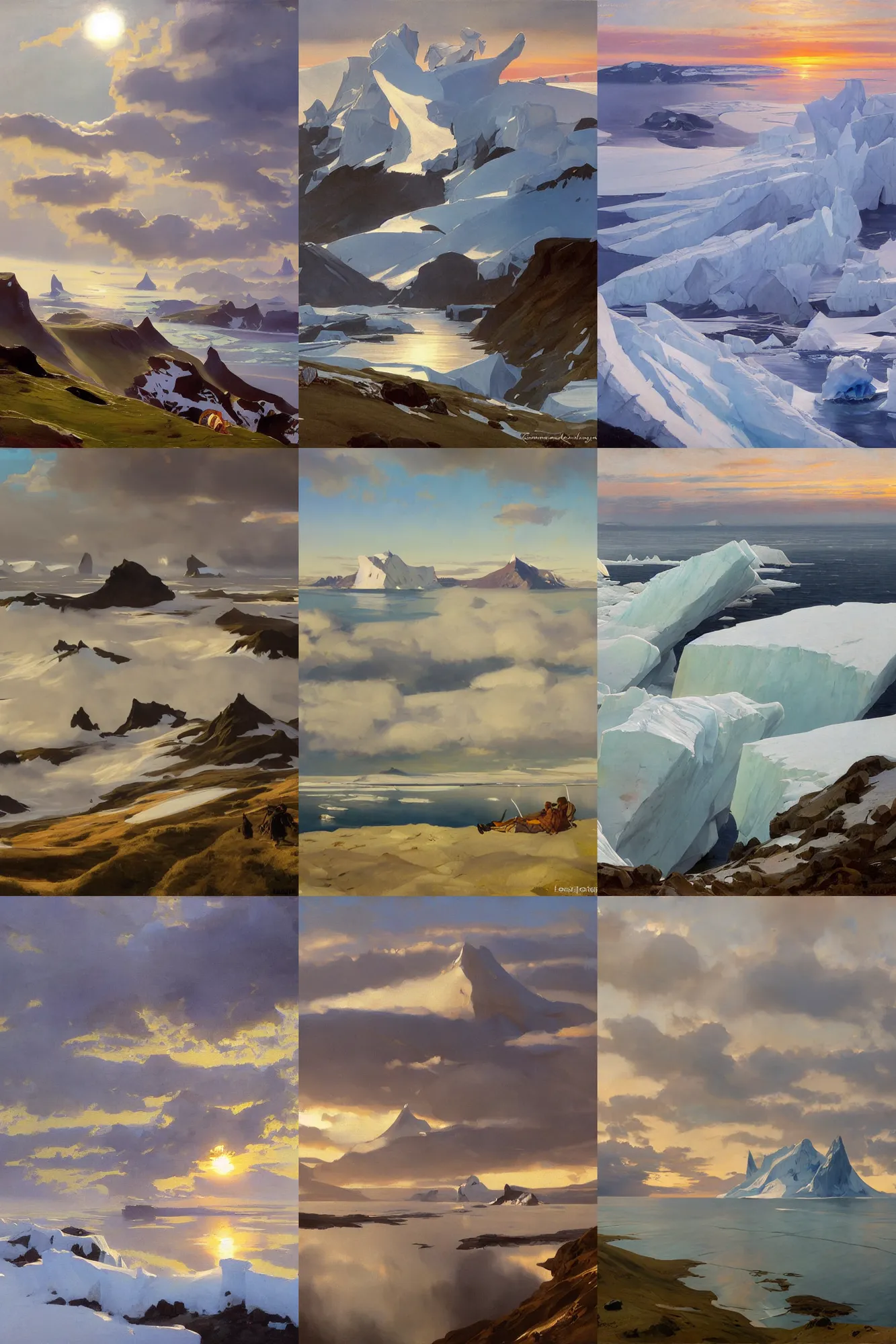 Prompt: painting by sargent leyendecker and gurney, rhads, vasnetsov, savrasov levitan polenov, middle ages, sunset sinrise, above the layered low clouds travel path road to sea bay view photo of greenland and iceland glacier and icebergs overcast sharpen