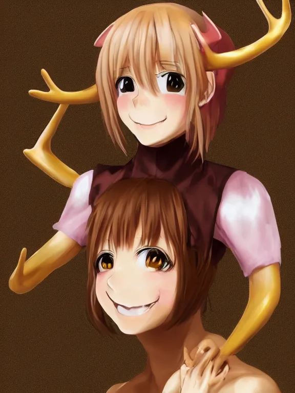 Prompt: Anime portrait of a smiling demi-human, short pink hair, gold and yellow notched antlers, bottom-half goat top-half woman, brown fur, brown tail, trending on artstation