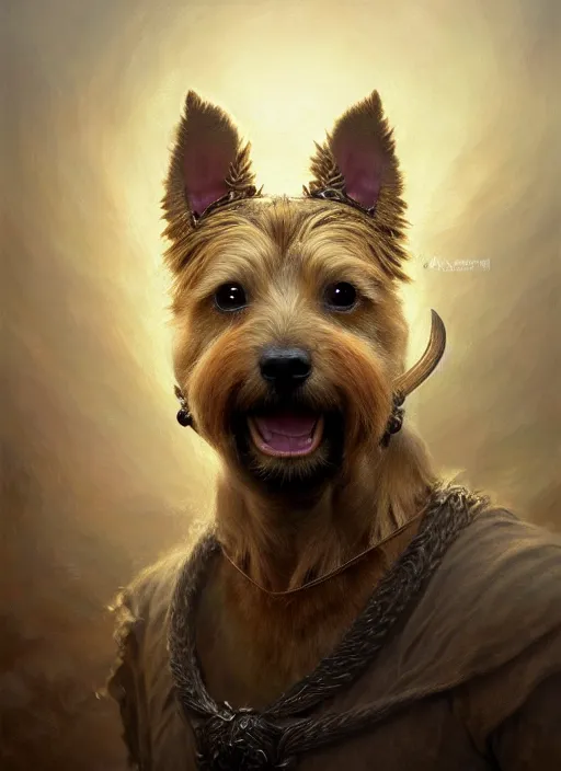 Prompt: norwich terrier as anviking, aesthetic, fine art, intricate, elegant, highly detailed, realistic hair, centered, digital painting, art station, conceptual art, soft, sharp focus, illustration, artwork, artgerm, tomasz alen kopera, peter mohrbacher, donato giancola, wlop, boris vallejo