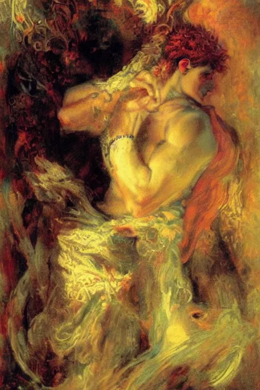 Image similar to portrait of morpheus, the sandman, the king of dreams. art by gaston bussiere.