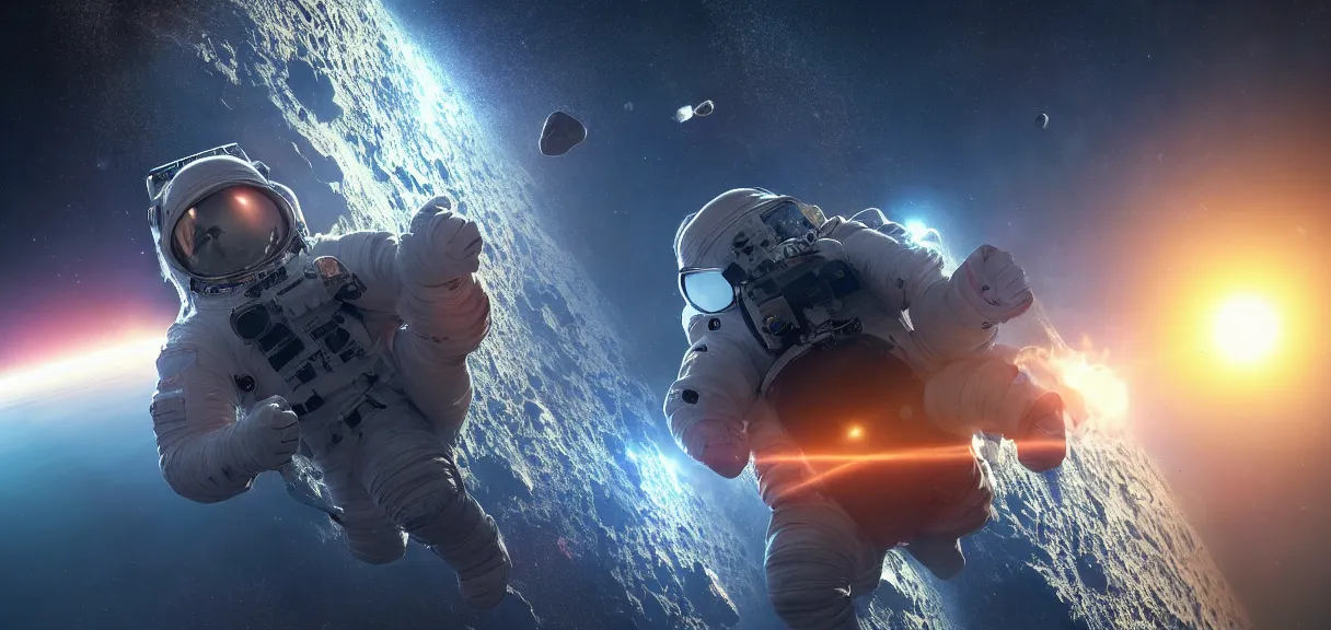 Image similar to photo of 8k ultra realistic astronaut riding an asteroid flipping the bird, nasa, clear sky, full of colour, cinematic lighting, battered, trending on artstation, 4k, hyperrealistic, focused, extreme details,unreal engine 5, cinematic, masterpiece, art by John Harris