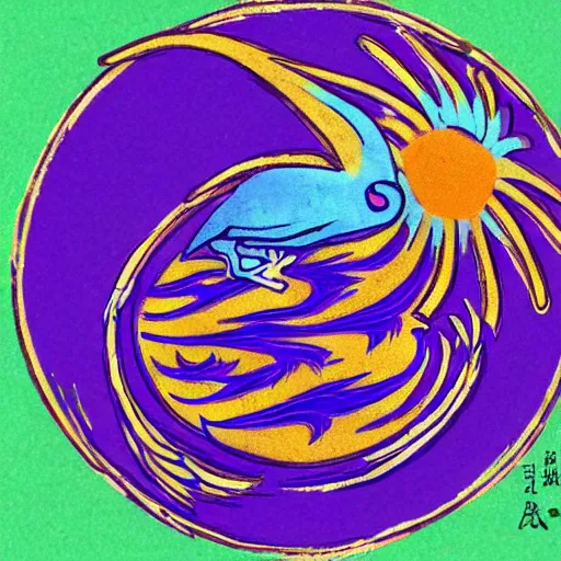 Prompt: phoenix salt bird round composition rebirth orange purple symbolism