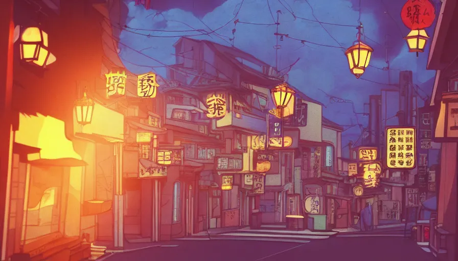 Image similar to A film still from a 1990s Sailor Moon cartoon tv show featuring a moody street in Japan with a waterfall and lanterns, lofi aesthetic, magical, golden hour, cinematic look, film grain, high detail, high resolution, 8k