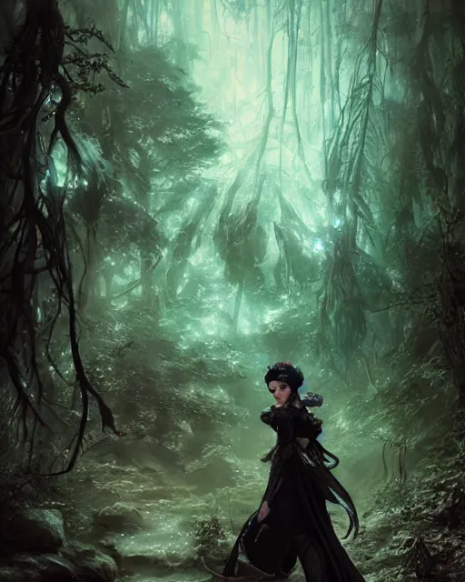 Prompt: sarah bolger as dnd elf with black hair black dress as pathfinder in a nebula forest by greg rutkowski, high key lighting, volumetric light, digital art, highly detailed, fine detail, intricate, ornate, complex, octane render, unreal engine, photorealistic digital painting, artstation, concept art, sharp focus, art by greg rutkowski and alphonse mucha