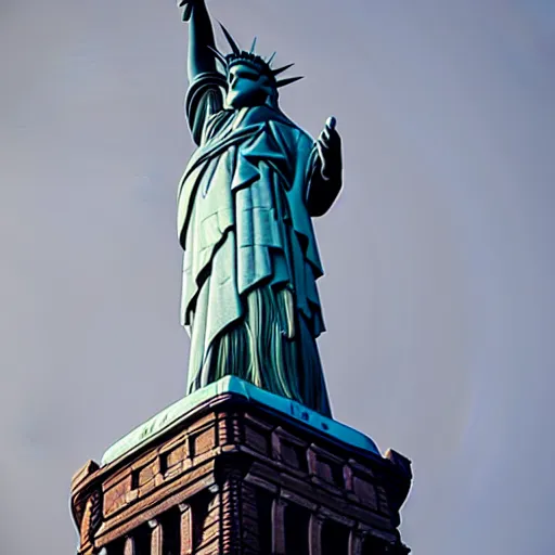 Prompt: photo of a grey steel-colored statue of liberty