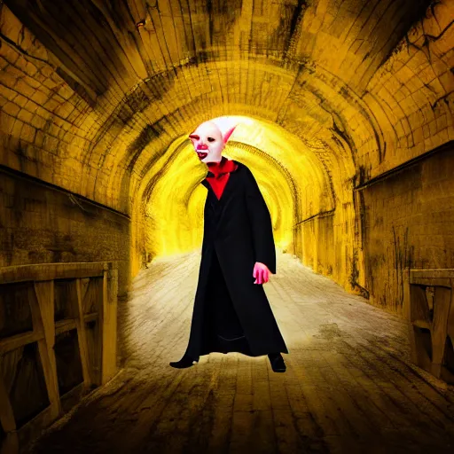 Prompt: nosferatu with a yellow trenchcoat dance under a bridge, vibrant colors, photography