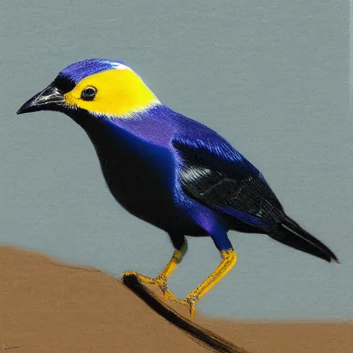 Prompt: a colored pencil drawing of a cap glossy starling with a yellow eye by natalia rojas and ana maria martinez jaramillo, pastel color, gradient black and blue plumage, wingspan, highly detailed, realistic graphite, artstation, 4 k, realism, photorealism, fine art