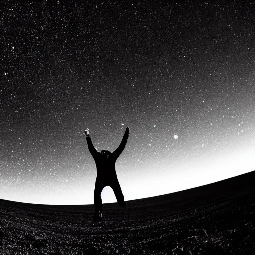 Image similar to a man falling in the blackness of space, stars in the background, wide shot, background, space, minimalist, realistic, b&w, void