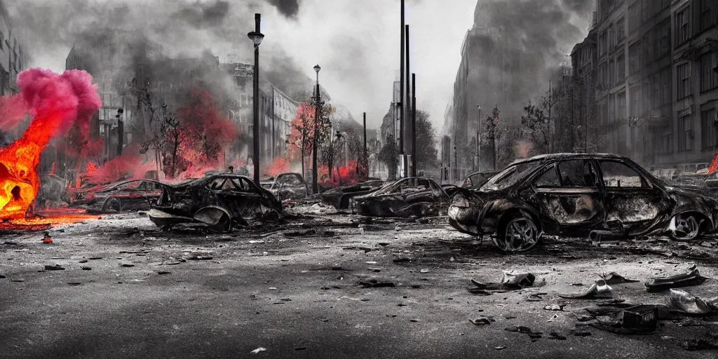 Image similar to post - apocalyptic kreuzberg streets, burned cars, explosions, colorful smoke, hyperrealistic, gritty, damaged, dark, urban photography, photorealistic, high details