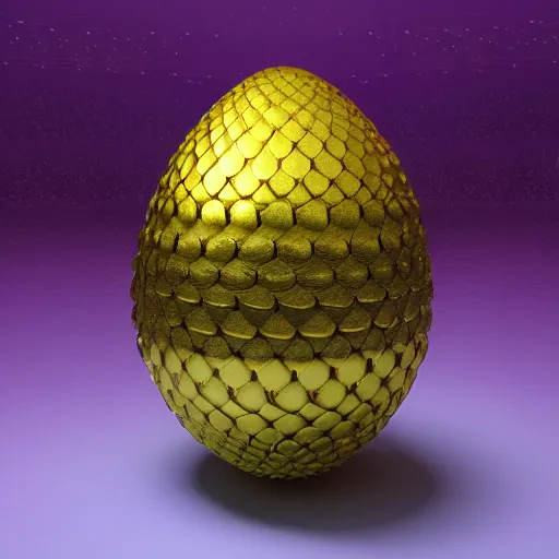 Image similar to glowing metallic dragon scale egg sitting on a nest of gold objects, photorealistic, symmetrical, unreal engine