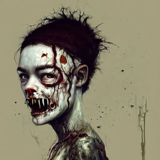 Image similar to head portrait of fresh faced young adult sugarcubes bjork as a zombie, 7 days to die zombie, gritty background, fine art, award winning, intricate, elegant, sharp focus, cinematic lighting, digital painting, 8 k concept art, art by michael hussar, art by brom, art by guweiz and z. w. gu, 8 k