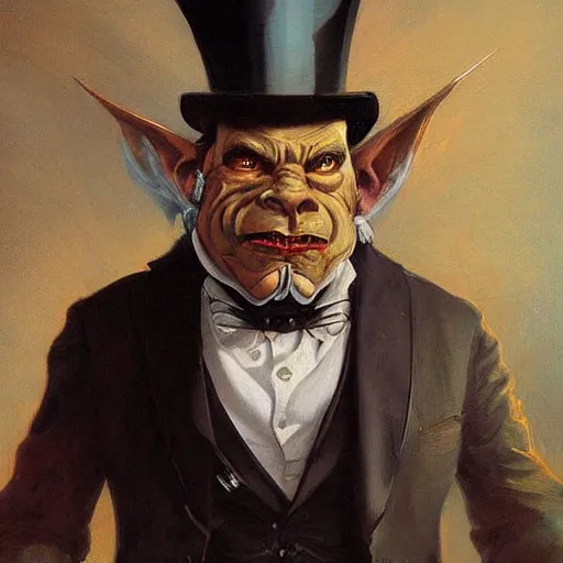 Prompt: a victorian era portrait painting of a warcraft orc in a suit and top hat by Peter Mohrbacher