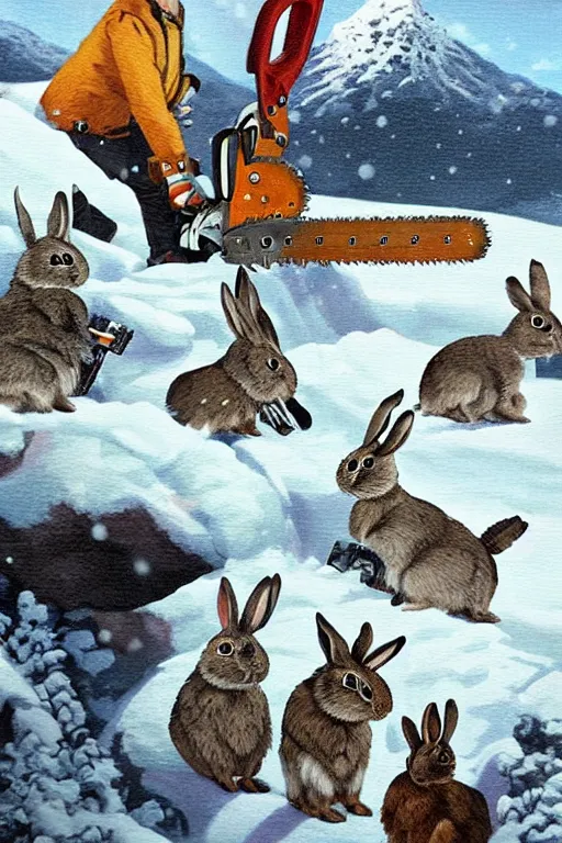 Image similar to rabbits with chainsaws on the snowy mountains. realist. high detail