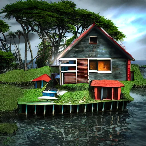 Image similar to Gorillaz Plastic Beach house on island, Realistic, HDR, 2010 style,,