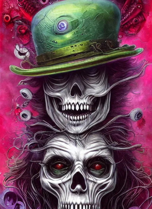 Image similar to mad hatter, alien, skull, highly detailed, cinematic, 8 k, by megan duncanson, benjamin lacombe, adrian borda, stanley artgermm, tom bagshaw, craig mullins, carne griffiths, ayami kojima, beksinski, giger, trending on deviantart, hyper detailed, horror, full of colour