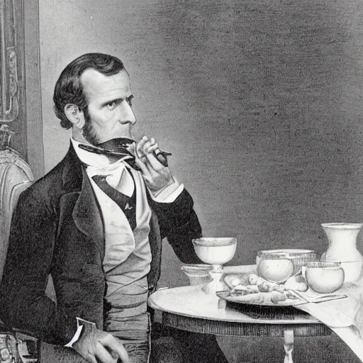 Prompt: emmanuel macron as a president of france eating a french baguette, 1 8 5 0 s style