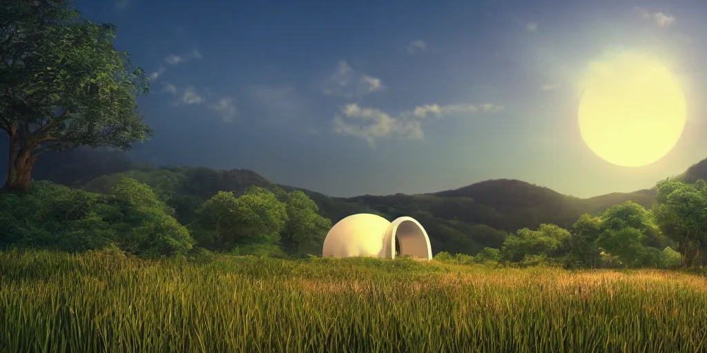 Image similar to round white dome on a hillside, by a river and fields, dreamy, sunset, volumetric lighting, Studio Ghibli