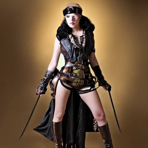 Prompt: photo of steampunk female rogue with daggers