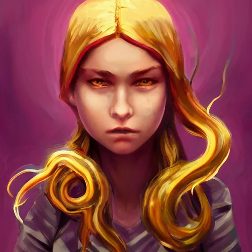 Prompt: artstation young teen with purple eyes and tentacles on her head in fury, very detailed, in glass town, upward view
