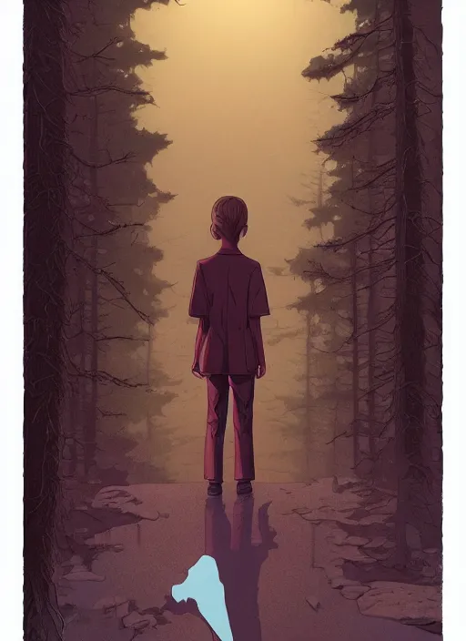 Prompt: Twin Peaks comic book cover movie poster artwork by Tomer Hanuka, Rendering of a little girl standing in front of a tall slender man, Michael Whelan, Patryk Hardziej, Makoto Shinkai and thomas kinkade, by Gregory Crewdson, Matte painting, trending on artstation and unreal engine