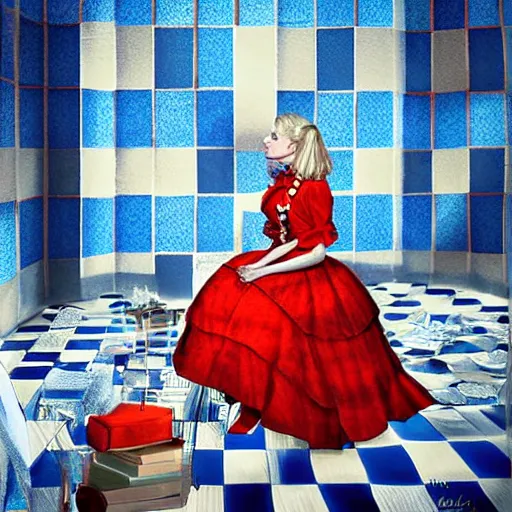 Prompt: alice in the wonderland, sitting, checkered floor, chair, blue dress, red door blonde, ceiling by cheval michael