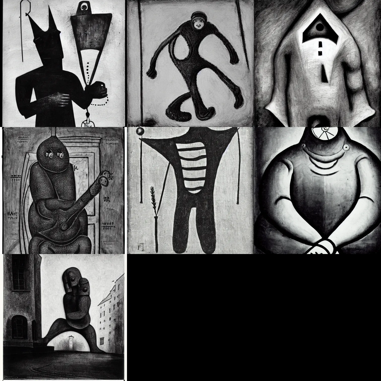 Prompt: black and white dada artwork of the golem from prague