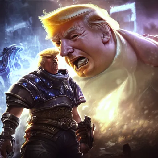 Image similar to Portrait of Trump, League of Legends amazing splashscreen artwork, Gears of War, splash art,natural light, elegant, photorealistic facial features, intricate, fantasy, detailed face, atmospheric lighting, anamorphic lens flare, cinematic lighting, league of legends splash art, hd wallpaper, ultra high details by Greg rutkowski