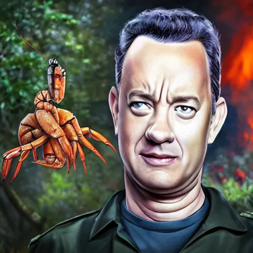 Image similar to Tom Hanks as forrest roasint a giant shrimp over a fire in the jungle, realistic digital painting, in the style of Aleksi Briclot, photoreailstic, realistic face, amazing detail, sharp