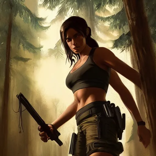 Image similar to photo of lara croft cuffed arrested by cops in a forest, 8 k, by greg rutkowski, artgerm,