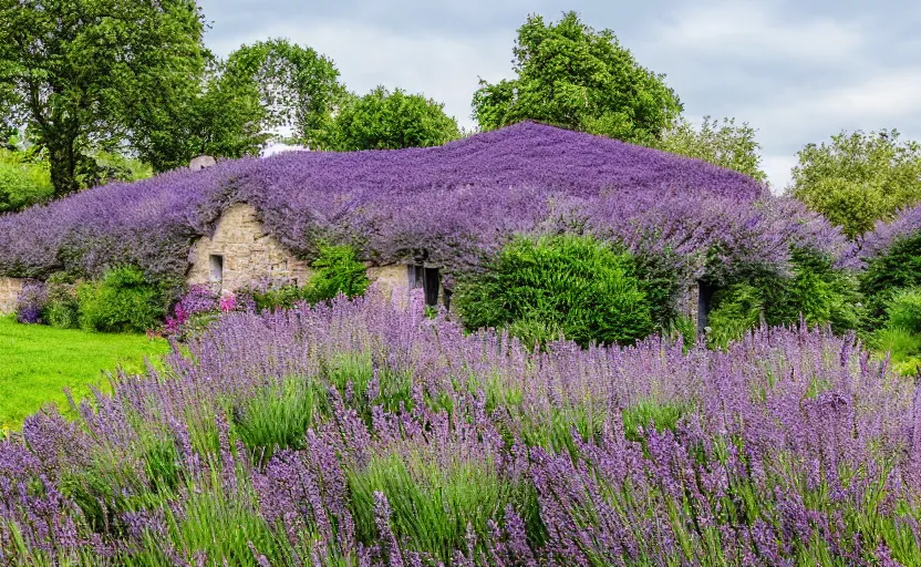 Image similar to Dutch limestone cottage farm, Jerkinhed roof, rustic wood timberwork lavender bushes in the garden, full of flowers, surrounded by oak trees, a cobblestone pathway, dawn, 8K