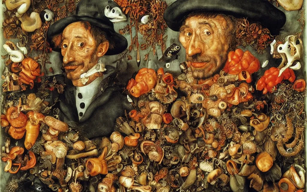 Image similar to giuseppe arcimboldo's portrait of captain jacques - yves cousteau made out of mushrooms fishes