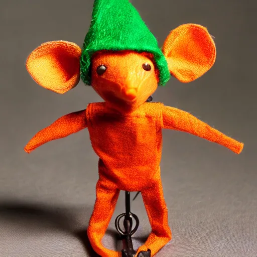 Prompt: small orange humanoid mouse marionette wearing green overalls and a peter pan hat