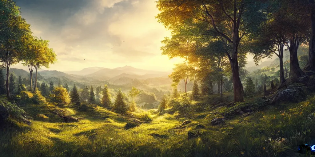 Prompt: beautiful landscape, home on the top of a hill surrounded by trees, natural lighting, 35mm photography, highly detailed, 8K, artgerm, cgsociety, warm lighting